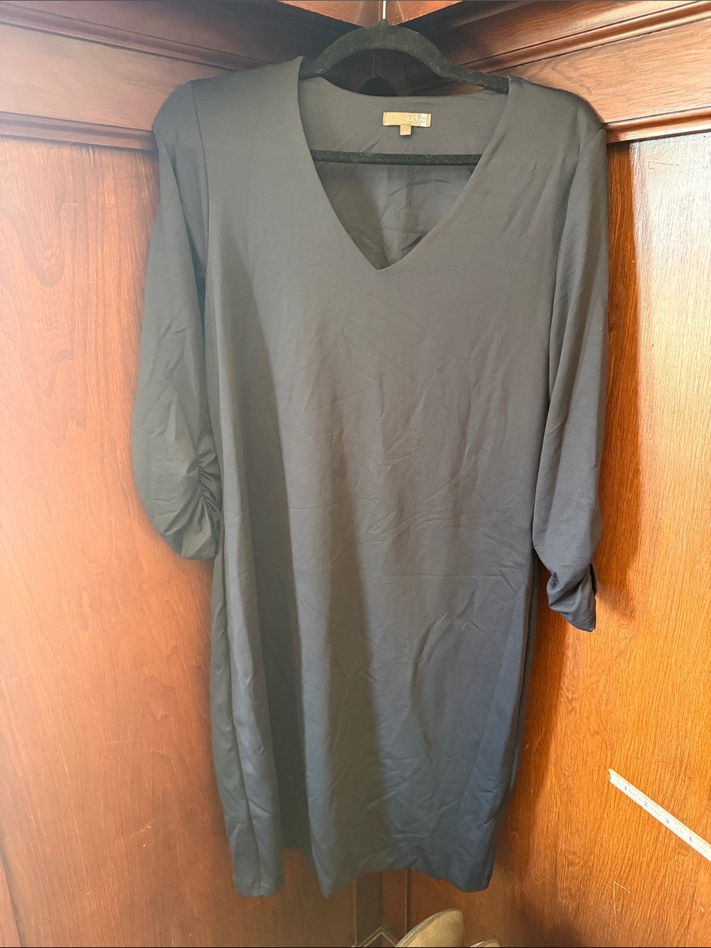 Classic Black V-Neck Stretch Midi Dress by Judy P